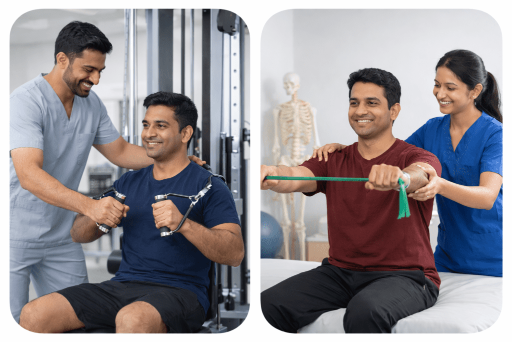 Physiotherapist treating patient with resistance band exercise at LiveActiv JP Nagar Bangalore